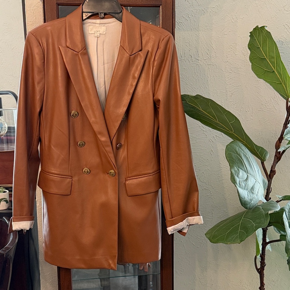 LOFT Faux Leather Brown Double-Breasted Blazer